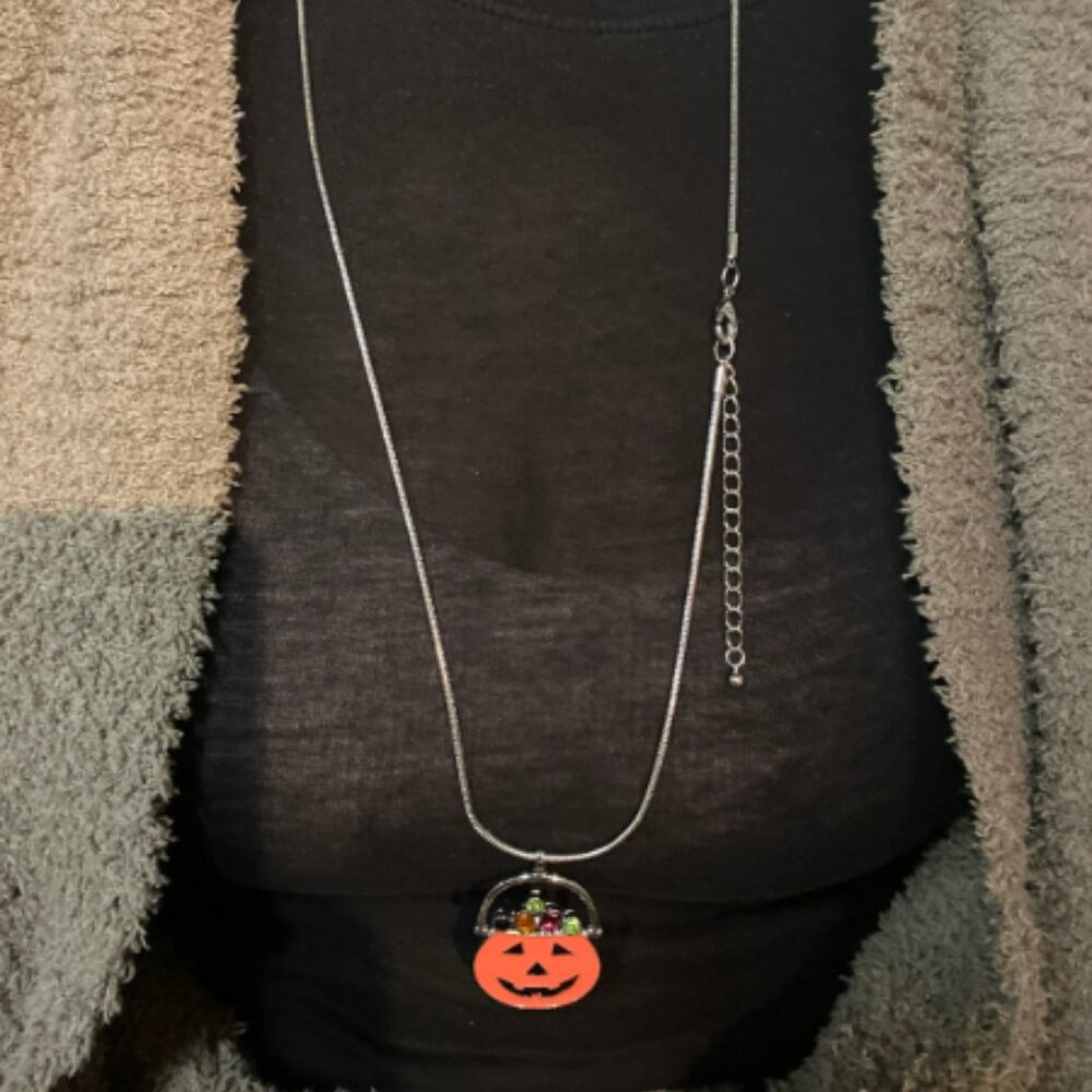 Jack O Lantern Pumpkin Halloween Bling Sparkle Necklace